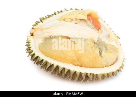 Frische durian reife, gelbe Fleisch tropische Früchte auf weißem Hintergrund Stockfoto
