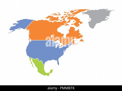 Eine bunte Karte von Nordamerika auf weißem Hintergrund Stock Vektor