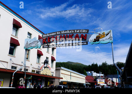 Anmelden Ketchikan, Alaska - Alaska's 1 Stadt - Ketchikan - der Lachs Hauptstadt der Welt Stockfoto