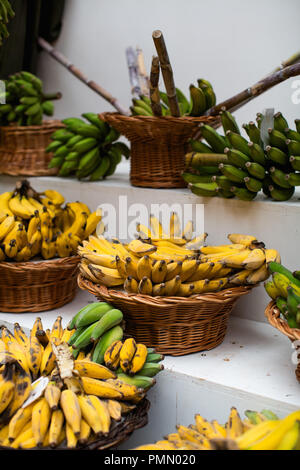 Schalen von reife, gelbe Bananen in der traditionellen Körbe angezeigt auf einem Marktstand in Mercado dos Lavradores in Funchal. Stockfoto