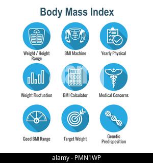 BMI - Body Mass Index Icon Set mit BMI Rechner, eine Waage, etc. Stock Vektor