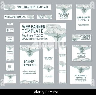 Satz von Banner für Reisebüro. Web Templates von Standardgrößen. Vector Illustration. Ein Vogel in den Himmel. Stock Vektor