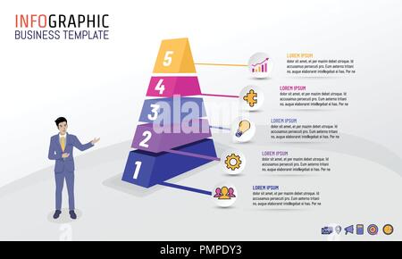 Pyramide business Infografik Vorlage mit 5 Schritten, Optionen, Vector Illustration Layout Design für Business Plan, Strategie oder einem Zweck. Stock Vektor