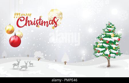 Frohe Weihnachten typografische und rot und gold Weihnachten Kugeln und Ornamente Hintergrund mit Winterlandschaft mit Schneeflocken, Licht, Design für Weihnachten Stock Vektor