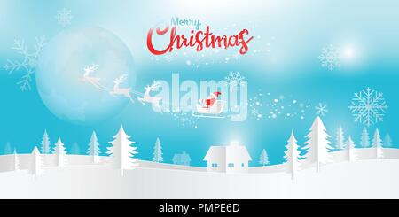 Frohe Weihnachten und guten Rutsch ins Neue Jahr, Papier kunst Vector Illustration der Heiligen Nacht mit Weihnachtsmann und Rentier, das zur Stadt kommt in den Nachthimmel. Stock Vektor