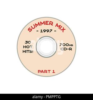 Music Concept T-Shirt Design. Old School DJ T-Stück mit CD und Zeichen - Summer Mix 1997. 90 s lustig Abzeichen. Vektor drucken Emblem auf weißem Hintergrund Stock Vektor