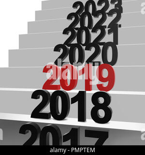 Neues Jahr 3D Rendering - 2019 in Rot steht auf der Stufe einer Treppe auf der anderen Schritte stehen Jahr zahlen in Schwarz Stockfoto