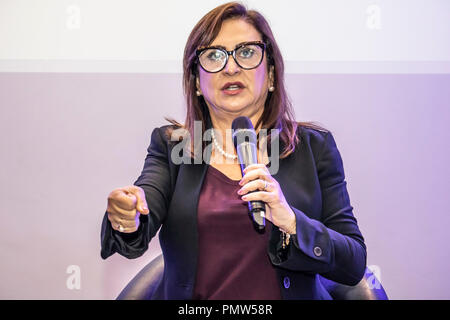 Sao Paulo, SP, Brasilien September 19, 2018 Senator Kátia Abreu, Vizepräsident und Präsidentschaftskandidat auf dem Ciro Gomes Platte - PDT, präsentiert ihr Programm für einen öffentlichen des Agribusiness Unternehmer während der Leadership Forum, organisiert von Abpa, Brasilianische Vereinigung von tierischem Protein, in einem Hotel in der Region Brigadeiro Faria Lima Avenue, west Side von Sao Paulo. Credit: Alf Ribeiro/Alamy leben Nachrichten Stockfoto