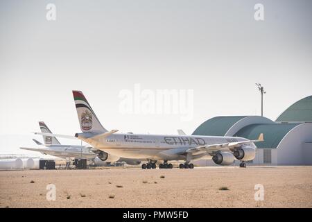 Teruel, Spanien. 27 Aug, 2018. Ein Etihad airline Airbus A340 in Teruel Flughafen gesehen geparkt. Viele Leute denken Teruel airportis ein Flugzeug Friedhof, wo Flugzeuge durch ihre letzte Reise gehen und haben ihre Metall recycelt. In der Tat ist dieser Flughafen im Osten von Spanien entfernt ist mehr ein Hotel für Flugzeuge ein langer Mittagsschlaf. Es beherbergt Flugzeuge aus der ganzen Welt, die aus dem verkehr gezogen wurden, vorübergehend oder dauerhaft, und bietet ihren Wartungsbedarf. Einige bereit sind zu Fliegen warten aber für finanzielle oder rechtliche Fragen geklärt werden. Einige sind hier, weil Ihr Stockfoto