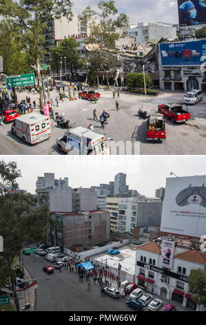 Mexiko Stadt. 19 Sep, 2017. Kombinierte Bild mit einer Drohne an Sept. 19, 2017, (oben) zeigt Menschen auf der Website von einem eingestürzten Gebäude reagieren nach einem Erdbeben in der Nummer 286 des Alvaro Obregon Straße, Sept. 19, 2018 (unten) zeigt Menschen, die an einer Hommage im Gedenken an den ersten Jahrestag der 7.1 - Erdbeben von Sept. 19, 2017 in Mexiko City, der Hauptstadt von Mexiko. Credit: Cesar Vikunja/Xinhua/Alamy leben Nachrichten Stockfoto