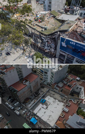 Mexiko Stadt. 19 Sep, 2017. Kombinierte Bild mit einer Drohne an Sept. 19, 2017, (oben) zeigt die retter am Standort einer eingestürzten Gebäude arbeiten nach einem Erdbeben in der Nummer 286 des Alvaro Obregon Straße, Sept. 19, 2018 (unten) zeigt Menschen, die an eine Hommage im Gedenken an den ersten Jahrestag der 7.1 - Erdbeben von Sept. 19, 2017 in Mexiko City, der Hauptstadt von Mexiko. Credit: Cesar Vikunja/Xinhua/Alamy leben Nachrichten Stockfoto
