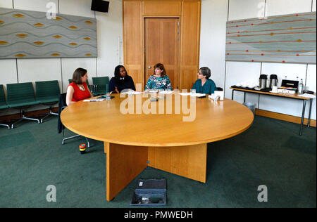 (Nach rechts) liberale Demokraten Vize Jo Swinson, Schattenminister für Frauen und Gleichstellung Dawn Butler, der ehemalige Staatssekretär für Bildung Nicky Morgan und Einberufer der Hundertjährigen Action Group Helen Pankhurst, urenkelin von Emmeline Pankhurst, während der Start einer Kampagne mehr Frauen in die Politik zu erhalten, links, bei Portcullis House in London. Stockfoto