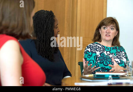 Ehemaliger Minister für Bildung Nicky Morgan (rechts), Shadow Minister für Frauen und Gleichstellung Dawn Butler (Mitte) und der stellvertretende Vorsitzende der Liberaldemokraten Jo Swinson, während der Start einer Kampagne von Helen Pankhurst, mehr Frauen in die Politik zu erhalten, an Portcullis House in London. Stockfoto