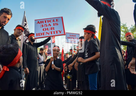 Kaschmir schiitische Muslime Jungen gesehen halten Plakate hoch, während der Prozession. 7. Tag der Ashura Prozession, die das Martyrium Jahrestag der Enkel des Propheten Muhammed des verehrten Imam Hussein in Karbala, Irak in 680 AD im südlichen Irak im siebten Jahrhundert getötet wurde. Stockfoto