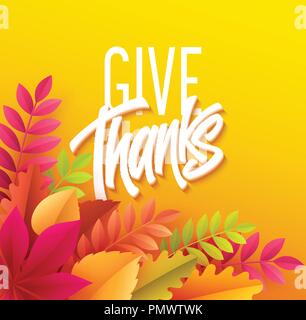 Happy Thanksgiving Schriftzug mit Papier Herbst Blatt. Vector Illustration Stock Vektor