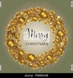 Weihnachten Kranz mit Gold Pine Branches. Vektor Stock Vektor