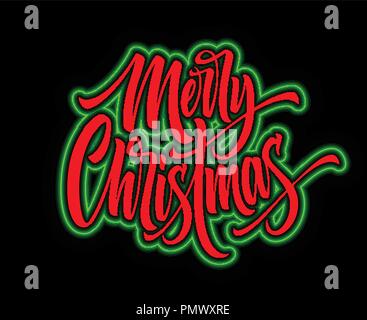 Frohe Weihnachten hand Schriftzug mit neon Umrisse Stock Vektor