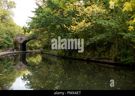 Regent's Canal in London suchen friedlich mit Bäume und Blätter des Herbstes Farben im Wasser spiegelt Stockfoto