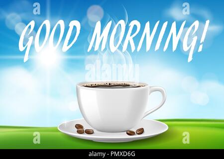 Guten Morgen, schönen Tag mit Kaffee Tasse. Sonnigen morgen mit heißen Getränk auf grünem Gras auf blauen Himmel Hintergrund. Vector Illustration Stock Vektor