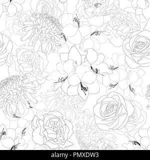 Rose, Chrysantheme, Nelke, Pfingstrose und Amaryllis, Blume Hintergrund skizzieren. Die nahtlose Vektor Illustration. Stock Vektor