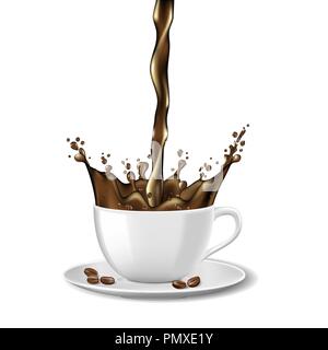 Schwarz Instant Kaffee Tasse und Bohnen ads Design. Heißer Kaffee Tasse mit Splash isoliert auf Weiss. Vector 3d-Darstellung Stock Vektor