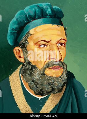 Marco Polo (1254-1324). Italienische Kaufmann, Explorer und Schriftsteller. Porträt. Aquarell von Francisco Fonollosa, Spanisch Illustrator (Ende 20. Jahrhundert) Stockfoto