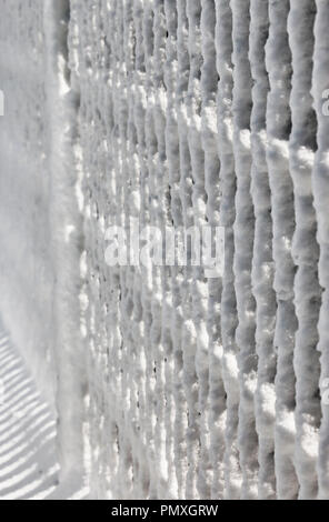 Die Sonne kommt durch das Eiserne Tor mit Schnee bedeckt, im Bilderrahmen das Raster seitwärts, helle Schnee und weiche Schatten, geometrische Wirkung, Stockfoto