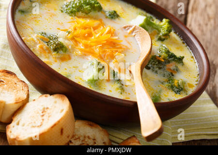 Brokkoli Käse Suppe serviert mit Toast close-up in einer Schüssel auf dem Tisch. Horizontale Stockfoto