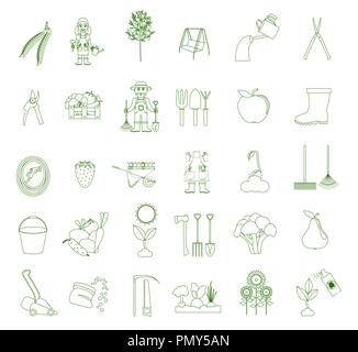 Die Gartenarbeit, Landwirtschaft Icon Set. Umrisse lineare Design. Vector Illustration Stock Vektor