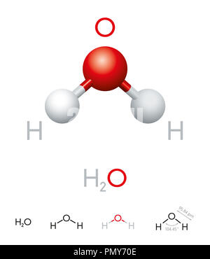 H2O. Wassermolekül Modell, die chemische Formel, Kugel-und-stick Modell, geometrische Struktur und Strukturformel. Polar anorganische Verbindung. Stockfoto