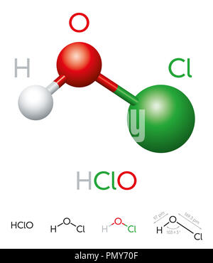 HClO. Unterchlorige Säure. Molekülmodell, die chemische Formel, Kugel-und-stick Modell, geometrische Struktur und Strukturformel. Schwache Säure. Abbildung. Stockfoto