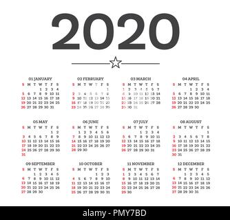 Kalender 2020 isoliert auf weißem Hintergrund. Woche beginnt ab Sonntag. Vector Illustration. Stock Vektor