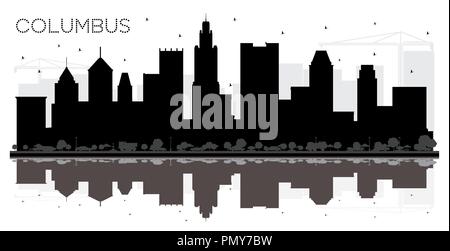 Columbus Ohio City Skyline schwarze und weiße Silhouette mit Reflexionen. Einfache flache Konzept für Tourismus Präsentation, Banner, Plakat oder Website. Stock Vektor