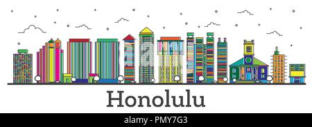 Umrisse Honolulu Hawaii Skyline der Stadt mit Farbe Gebäude isoliert auf Weiss. Vector Illustration. Honolulu Stadtbild mit Sehenswürdigkeiten. Stock Vektor