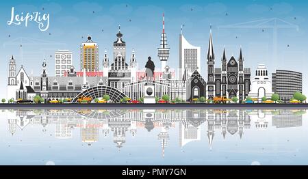 Leipzig Deutschland City Skyline mit grauen Gebäude, blauer Himmel und Reflexionen. Vector Illustration. Stock Vektor