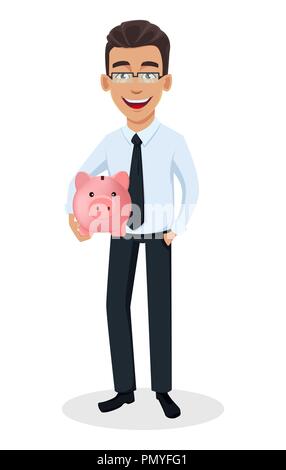Business mann Zeichentrickfigur Holding cute Sparschwein. Jungen hübschen Lächeln, Geschäftsmann, der in Office style Kleidung-Vektor Stock Vektor