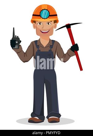 Miner Mann, Bergbau Arbeiter. Stattliche Zeichentrickfigur holding Spitzhacke und tragbaren Radio. Vector Illustration auf weißem Hintergrund Stock Vektor