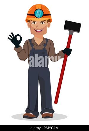 Miner Mann, Bergbau Arbeiter. Stattliche Zeichentrickfigur holding Sledgehammer und mit Ok. Vector Illustration auf weißem Hintergrund Stock Vektor