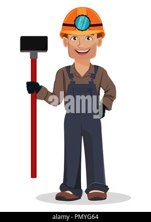 Miner Mann, Bergbau Arbeiter. Stattliche Zeichentrickfigur holding Vorschlaghammer. Vector Illustration auf weißem Hintergrund Stock Vektor