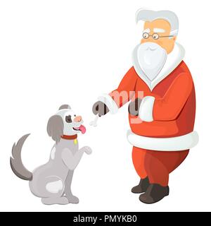 Santa Claus spielen mit Hund. Santa mit scharren Hund auf weißem Hintergrund. Santa gibt einen Knochen zu seinem Haustier. Hund als Symbol für das Neue Jahr. Stock Vektor
