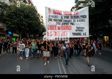 Thessaloniki, Griechenland. 18 Sep, 2018. Demonstration für den fünften Jahrestag der Ermordung von Pavlos Fyssas. Credit: Achilleas Pagourtzis/Pacific Press/Alamy leben Nachrichten Stockfoto