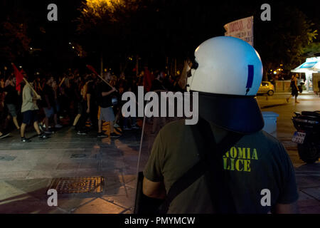 Thessaloniki, Griechenland. 18 Sep, 2018. Demonstration für den fünften Jahrestag der Ermordung von Pavlos Fyssas. Credit: Achilleas Pagourtzis/Pacific Press/Alamy leben Nachrichten Stockfoto