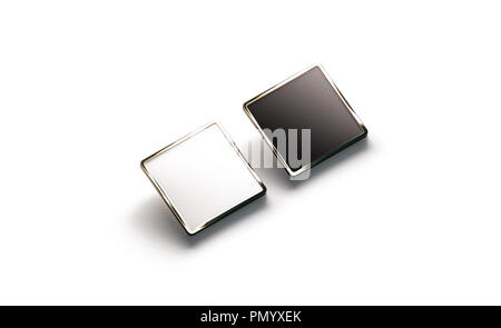 Leere schwarze und weiße Quadrat gold Abzeichen am Revers Mockup, Seitenansicht, 3D-Rendering. Leere Luxus harten Zahnschmelz pin Mock up. Goldene Spange-design Vorlage. Stockfoto