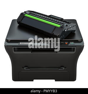 Multifunktionsdrucker mit Tonerkassette, 3D-Rendering auf weißem Hintergrund Stockfoto