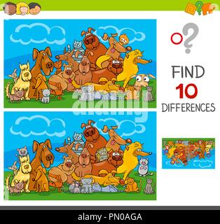 Cartoon Illustration des Findens von zehn Unterschiede zwischen Bilder Lernspiel für Kinder mit Katzen und Hunde Tier Zeichen Stock Vektor