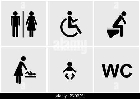 Satz von WC-Symbole Geschlecht männlich weiblich baby Behinderten WC auf einem weißen Hintergrund Piktogramm Vektor-illustration EPS 10 isoliert Stock Vektor