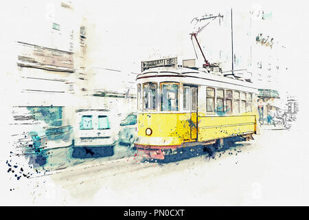 Skizze mit Aquarell oder Abbildung eines traditionellen alten Straßenbahn hinunter die Straße in Lissabon in Portugal. Stockfoto