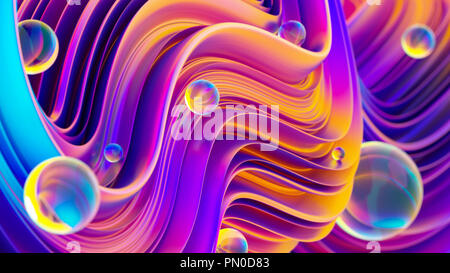Uv 3D abstract twisted Flüssigkeit Flüssigkeit Formen mit funkelnden Wassertropfen. Stockfoto