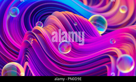 Fluid irisierende holographische Hintergrund mit glänzenden Kugeln. Stockfoto