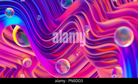 3D abstrakt Hintergrund. Glänzende helle Kugeln auf Twisted formen. Stockfoto